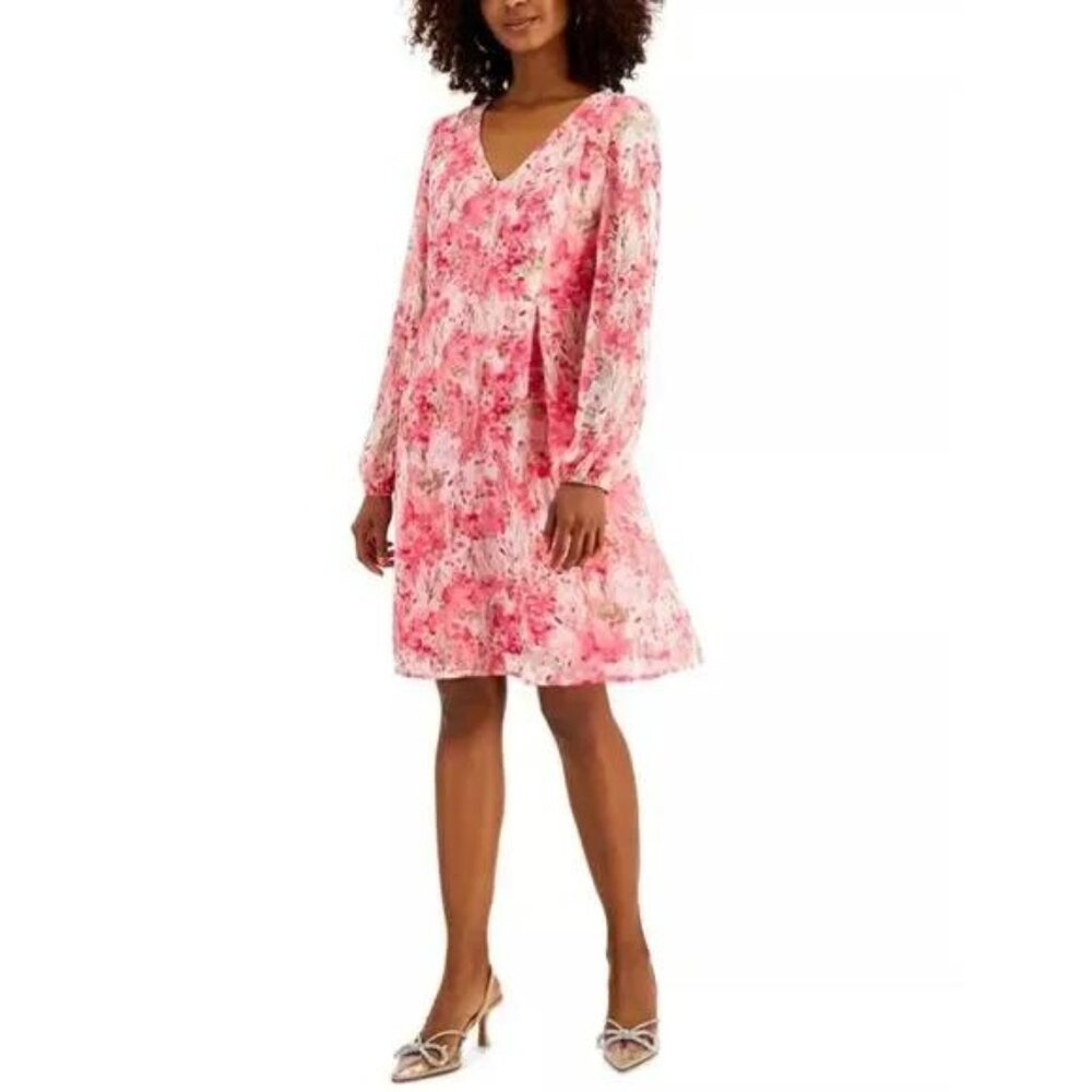 NWT Bright Pink Floral Sz X-Small  Lined Chiffon Dress INC